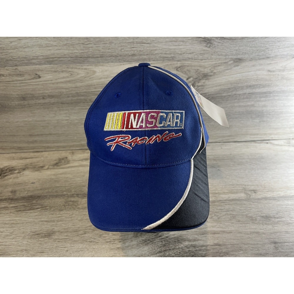 NASCAR Racing Hat Blue Black Adjustable Strap CFS Checkered Flag Sports Cap